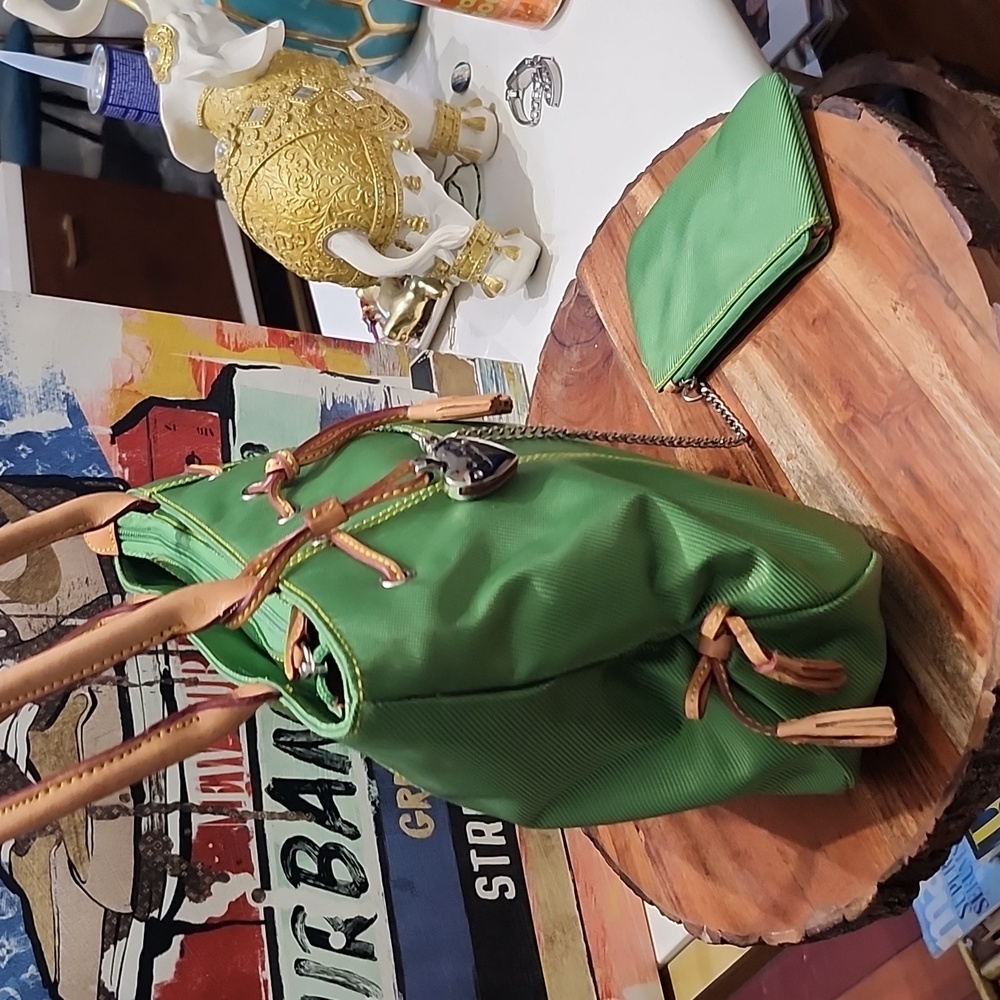 Sharif Studio Green Nylon & Leather Trim Handbag w/Pouch & Purse Charm Rare Euc! - Picture 3 of 15
